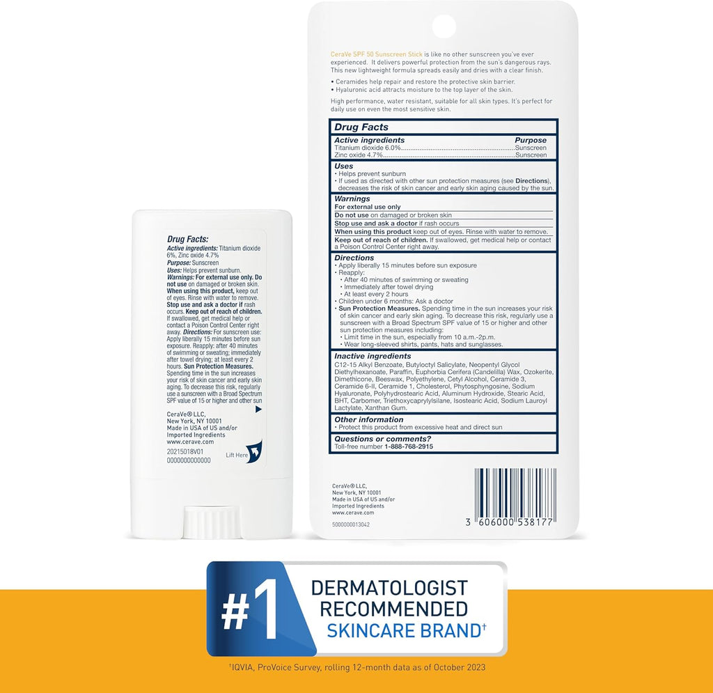 Protector Solar CeraVe Sunscreen Stick SPF 50 Invisible Zinc – 0.47 oz