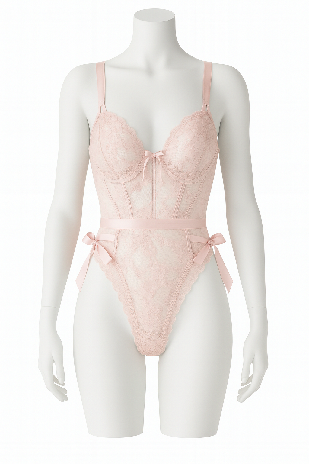 Body de Encaje Rosa con Listones de Satín Talla XXL