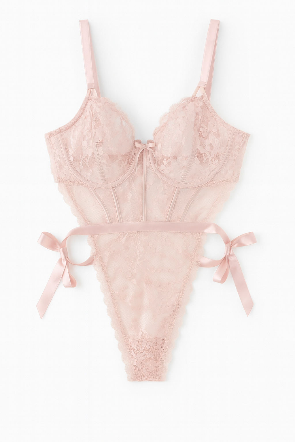 Body de Encaje Rosa con Listones de Satín Talla XXL