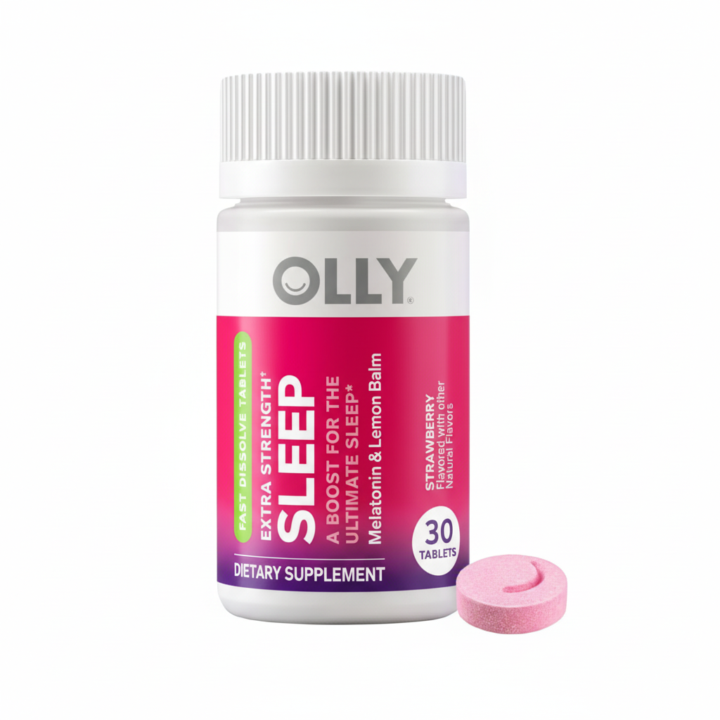 OLLY Sleep Extra Strength Melatonin & Lemon Balm – Tabletas de Disolución Rápida Sabor Fresa | 30 Tabletas
